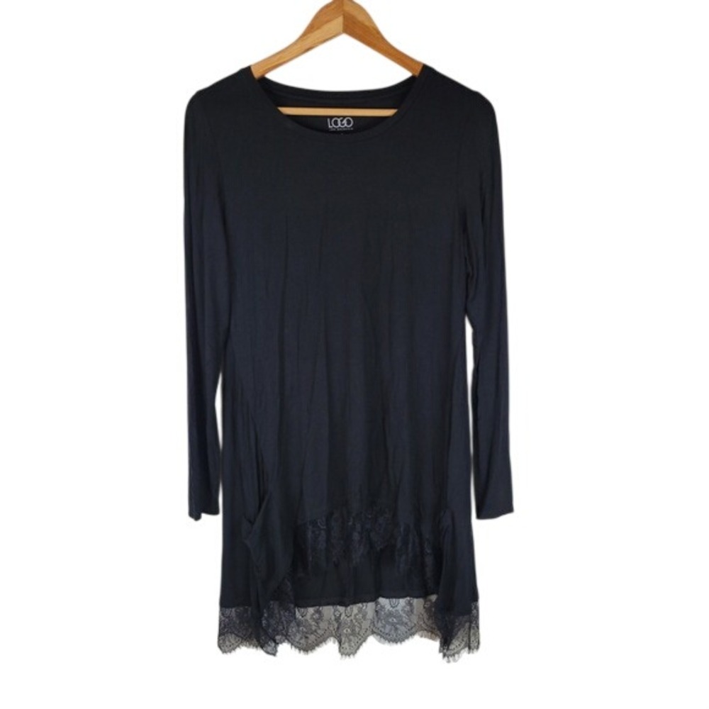 LOGO Lori Goldstein Lace Edged Tunic Top Black Size Small